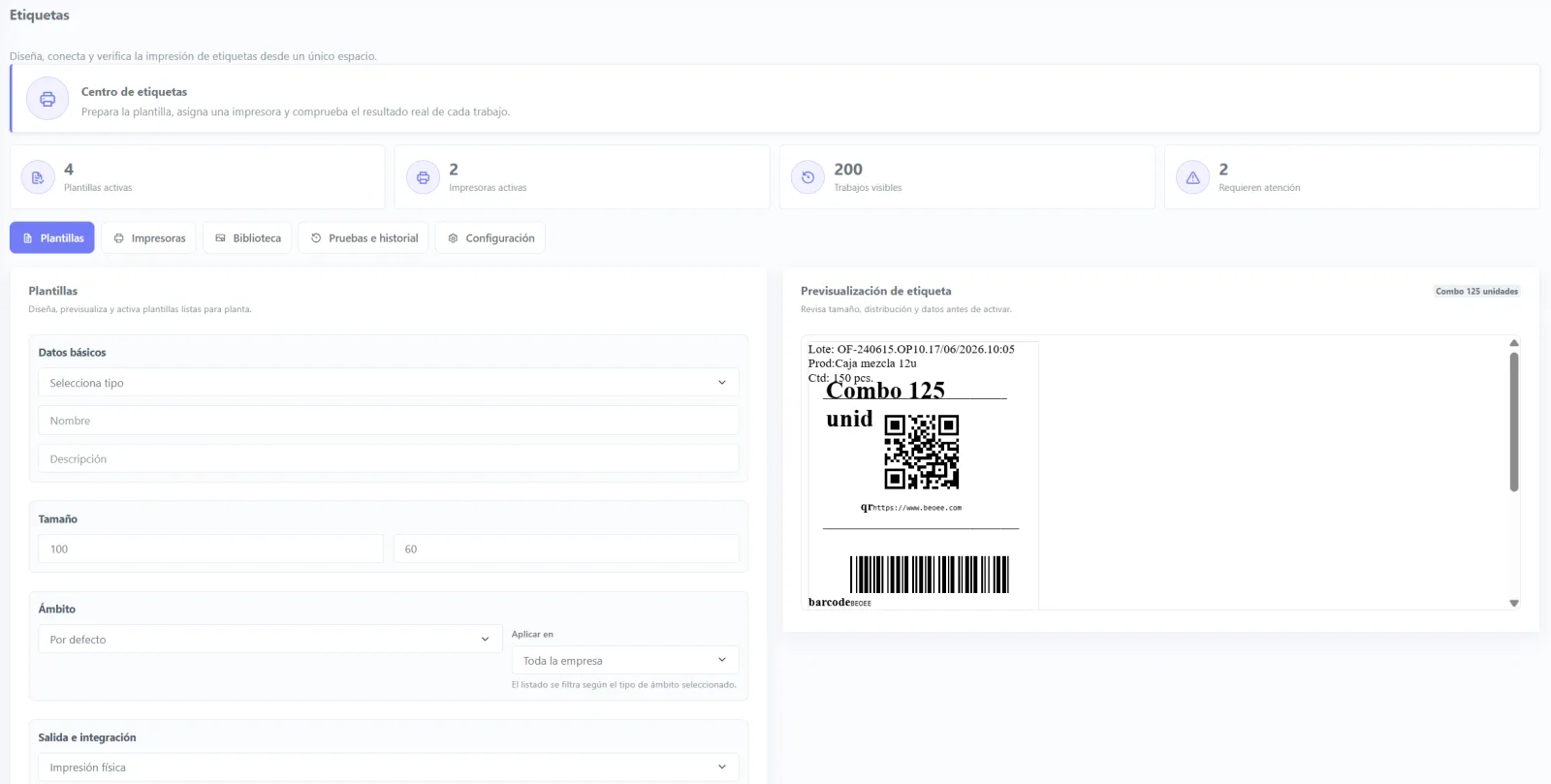 Centro de etiquetas de BeOEE con plantillas, impresoras y previsualización de códigos QR y de barras