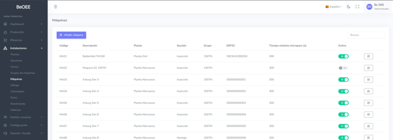 Interfaz de gestión de instalaciones BeOEE mostrando configuración de plantas y máquinas