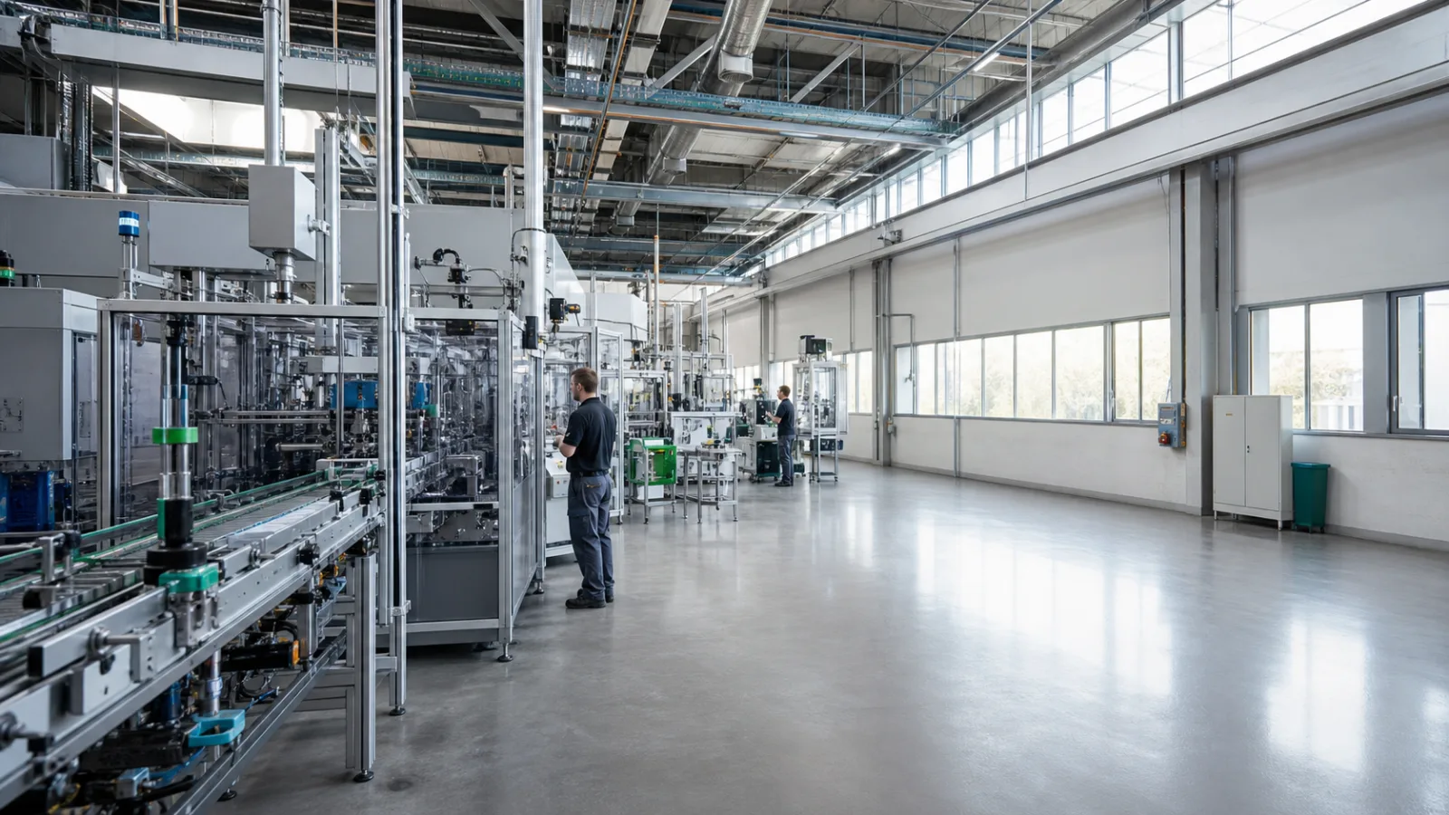 Línea de producción automatizada en una planta industrial luminosa