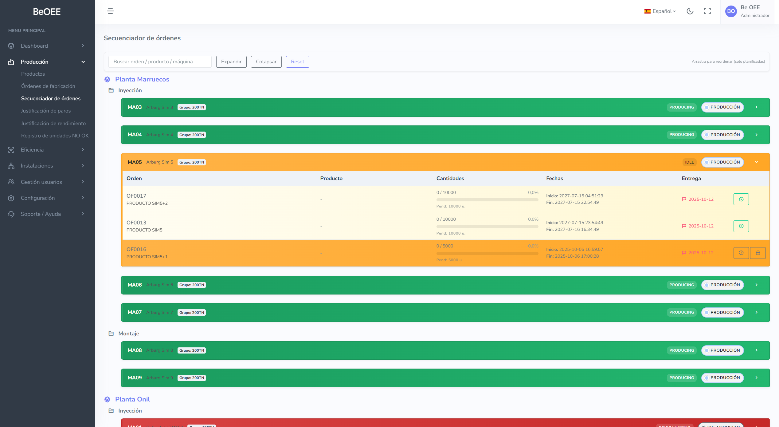 Secuenciador visual de órdenes de producción con arrastrar y soltar para planificación por máquina
