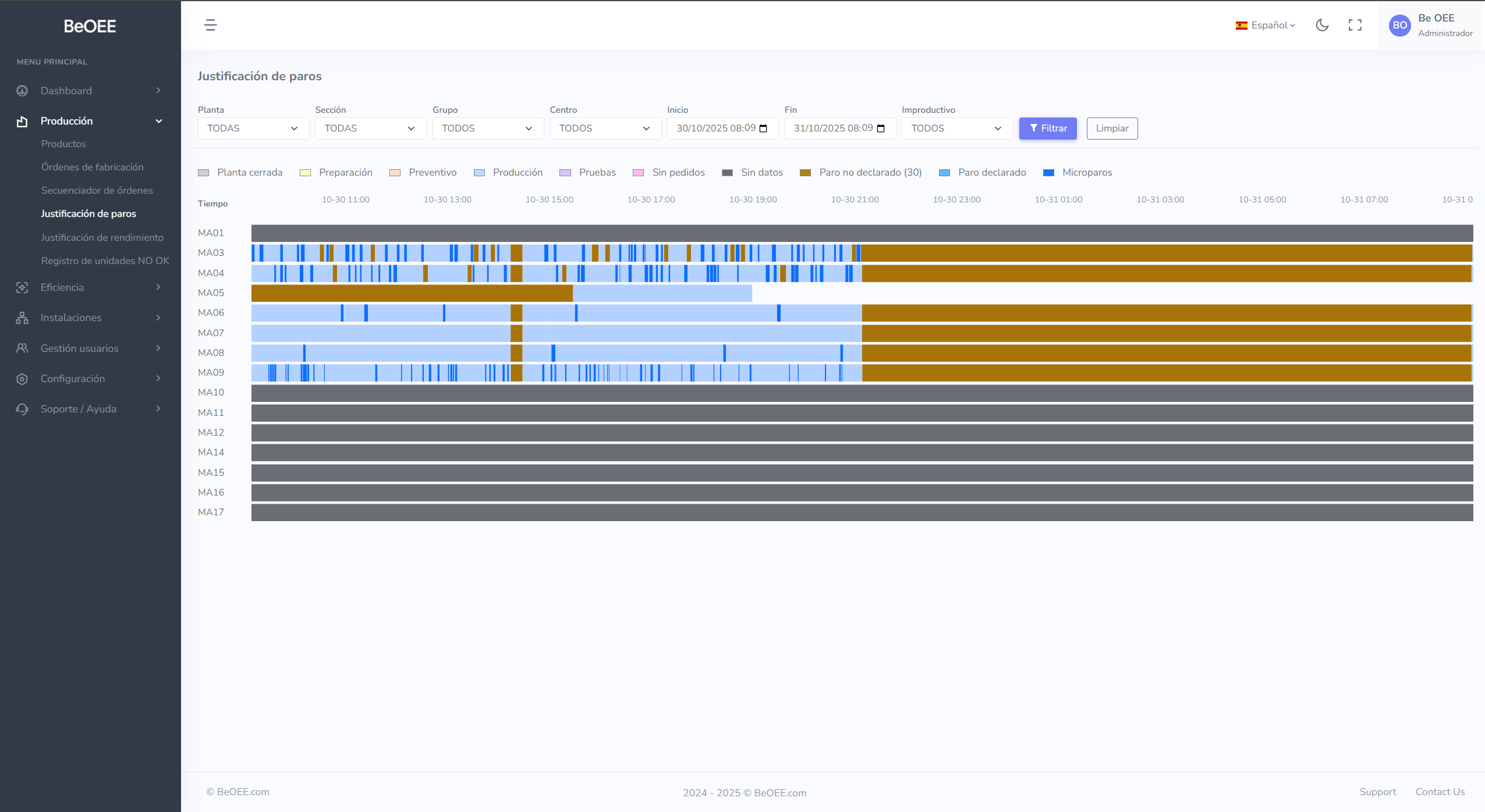 Interfaz de declaración de paradas con categorización de motivos y tiempos de inactividad